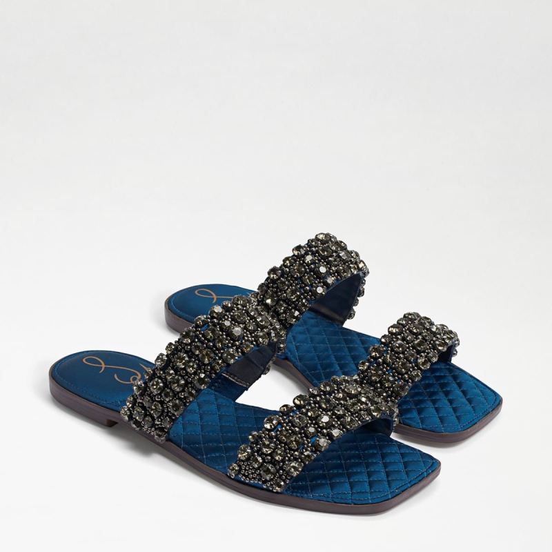 Sam Edelman Ezel Embellished Slide Sandal-Peacock Blue Satin