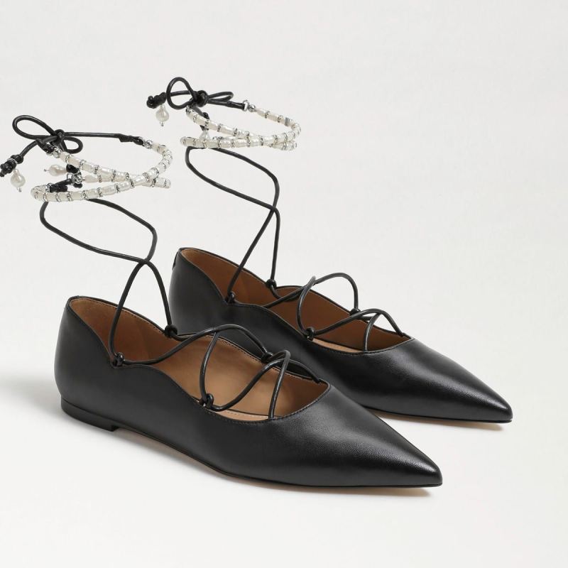 Sam Edelman Winslet Lace Up Pointed Toe Flat-Black Leather - Click Image to Close