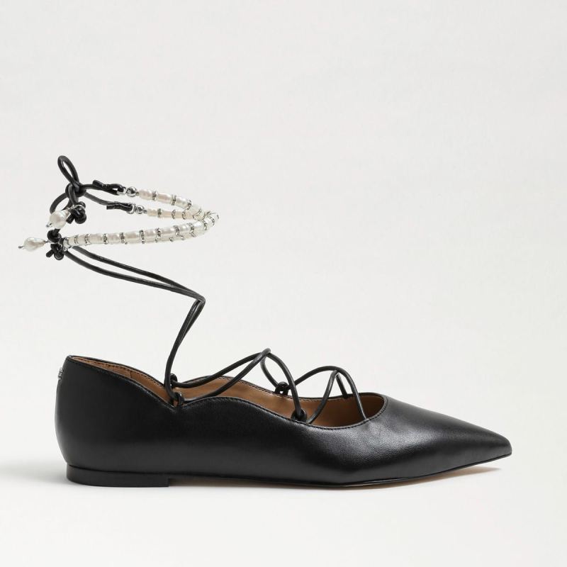 Sam Edelman Winslet Lace Up Pointed Toe Flat-Black Leather